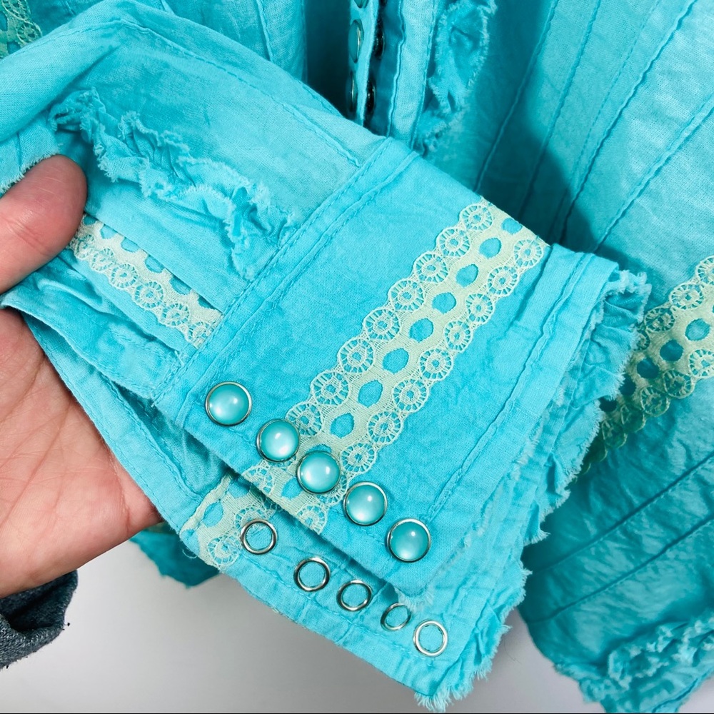 Scully Blue Button Down Ruffle Lace Western Top - Picture 3 of 6